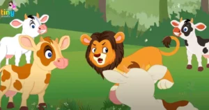 A cartoon lion stands among four cartoon calves in a green, grassy area with trees in the background. The lion looks surprised while the cheerful calves look curious, as if they’re part of a delightful short story.