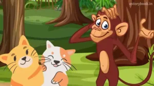 Two cartoon cats, one orange and one white with orange patches, sit smiling next to a cheerful brown monkey in a forest with trees and green foliage, ready for their next short story adventure.