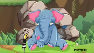 A cartoon blue elephant with pink ears sits on the grass in front of large rocks, facing a black and yellow ant standing nearby. The word STORYBOOK appears in the bottom right corner, hinting at a charming short story unfolding.
