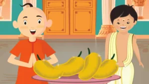 Two smiling cartoon boys, like characters from a Short Story, one with a top knot and orange clothes and the other with short black hair and a cream outfit, stand behind a plate of shiny yellow mangoes in front of ornate double doors.