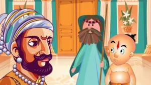Three animated characters—an Indian king in a crown and jewelry, a bearded man in a green robe holding a staff, and a bald boy with a red mark—stand in an ornate room with flowers and curtains, ready to begin their Short Story adventure.