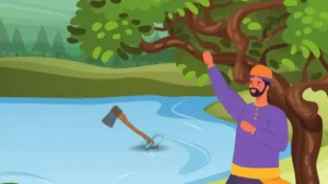 An animated man in traditional clothes stands by a tree, raising one arm while an axe splashes into a river beside him; green hills and trees set the scene for this classic short story.