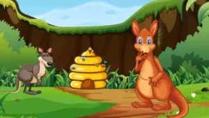 A cartoon scene from a short story shows two kangaroos, one brown and one grey, standing near a beehive buzzing with bees in a lush, green forest. The brown kangaroo looks surprised.
