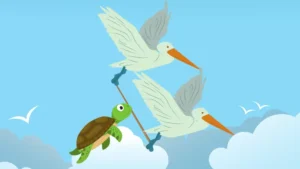 Illustration for a short story: Two white birds fly across the blue sky, holding a stick in their beaks as a green turtle clings to the center with its mouth. Fluffy clouds and other birds complete the whimsical scene.