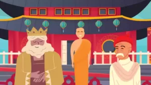 An illustration for a Short Story: a king with a crown, a monk in orange robes, and an elderly man in a red turban and white shawl stand before an ornate Asian temple adorned with lanterns.