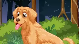 A cartoon illustration of a happy, light-brown dog with its tongue out, sitting in a green forest—perfect inspiration for a short story set among the trees and bushes.