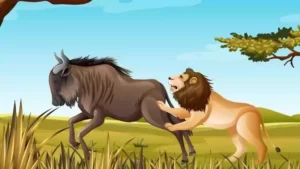 In this short story scene, a lion attacks a wildebeest in the grassy savanna, with trees and blue sky framing the action as the lion grips the wildebeests hindquarters while it desperately tries to escape.