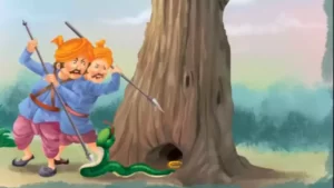 In this short story scene, two men in traditional clothing and turbans hold spears, peering into a tree hole where a green snake guards gold jewelry. The setting features a large tree and lush greenery outdoors.