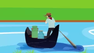 Illustration for a short story: A person in a hat and striped shirt paddles a small black boat on a river, milk cans and containers inside, with green grass lining the riverbank.