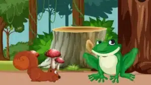 Cartoon illustration for a short story featuring a green frog and a brown squirrel in a bright, colorful forest with trees, red mushrooms, and a large tree stump in the background.