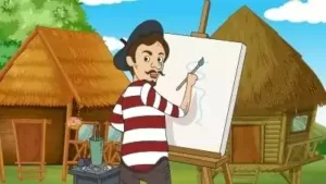 A cartoon artist in a beret and striped shirt paints on a canvas outdoors, inspired by the peaceful scene of thatched-roof huts and trees under a blue sky—like a character from a charming short story.