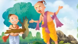 A cartoon scene from a short story shows an angry man in yellow robes scolding a sad boy who is holding sticks. They stand outdoors, surrounded by trees and greenery, under a blue sky.