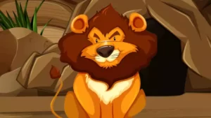 A cartoon lion with a large mane and a fierce expression sits in front of a cave, ready to leap into his next short story adventure amid rocks and plants in the background.