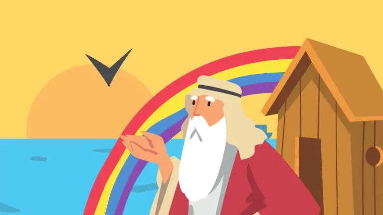 Illustration for a short story: a bearded man in a robe and headband stands by a wooden ark, with a rainbow in the background, the sun setting over the sea, while a bird soars in the sky.