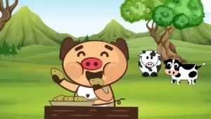 A cartoon pig happily eats potatoes at a table outdoors, joined by two cartoon cows beneath green trees. This bright, cheerful scene with rolling hills and mountains looks like a moment from a delightful short story.