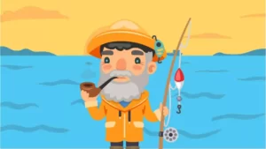 Cartoon of an older man with a gray beard, wearing a yellow rain hat and coat, holding a fishing rod and smoking a pipe—like a character from a short story—standing by a blue lake under a yellow sky with distant hills.