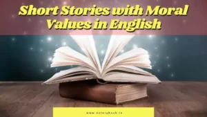 An open book with glowing lights emanating from its pages sits atop a closed book. Text above reads: “Short Stories with Moral Values in English.” A website link appears at the bottom, inviting readers to discover each Short Story’s lesson.