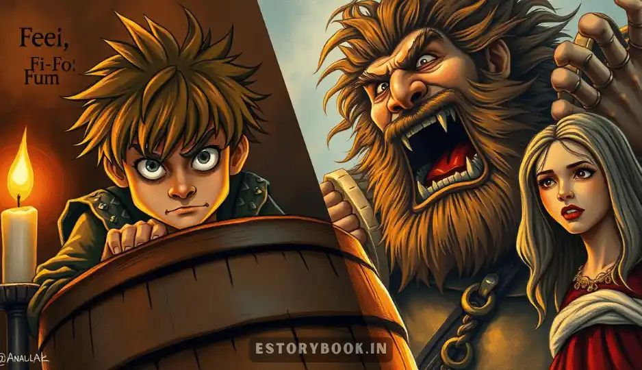 Inside the castle, Jack hides behind a large wooden barrel, clutching a bag of gold coins. The giant, a massive figure with wild hair, a bushy beard, and a ragged tunic, sniffs the air and roars, “Fee-fi-fo-fum!” His mouth is wide open, showing crooked yellow teeth. The giant’s wife stands nearby, her hands clasped in worry.