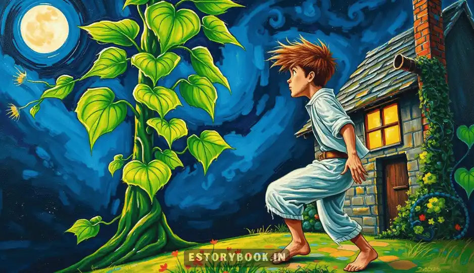 Nighttime, with a glowing full moon and stars twinkling in the sky. Jack leans out of his cottage window, watching the glowing beans sprout into a massive, twisting beanstalk. The beanstalk’s leaves are oversized and heart-shaped, with a faint golden glow. The cottage is small and quaint, with a thatched roof and a chimney puffing out smoke.